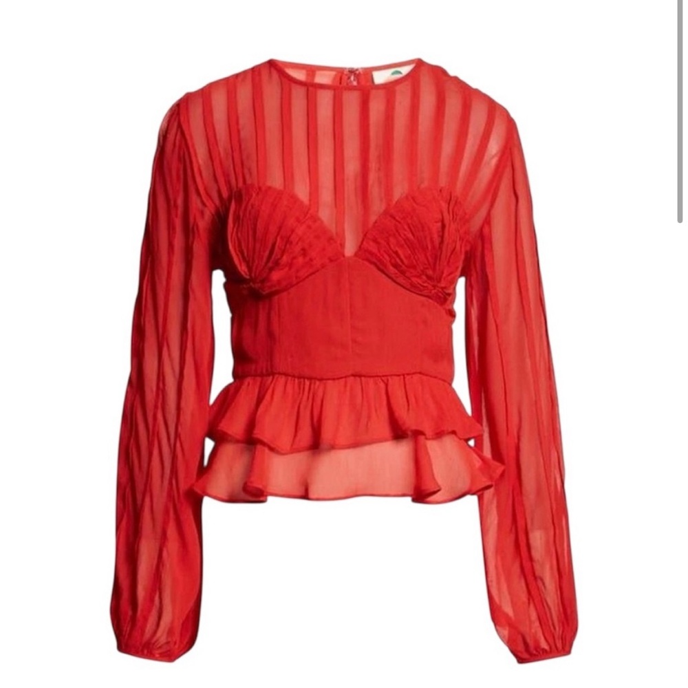 Farm Rio Red Pleated Long Sleeve Peplum Bustier Top - Picture 2 of 5
